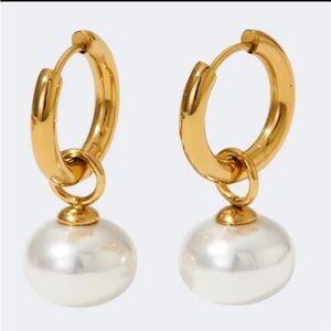 NEW White Pearl Drop Gold Hoop Earrings